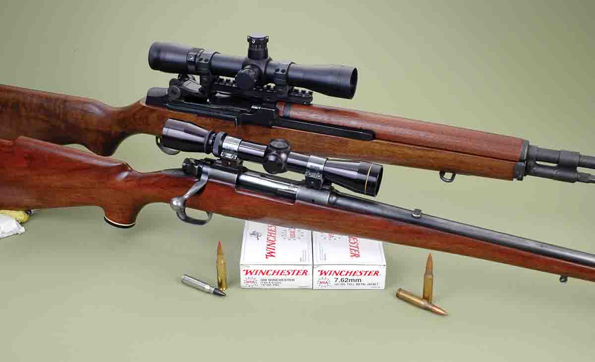 Mike believes the (front) Model 70 .308 and the semiautomatic M1A 7.62x51mm (rear) are perfectly adequate hunting rifles.